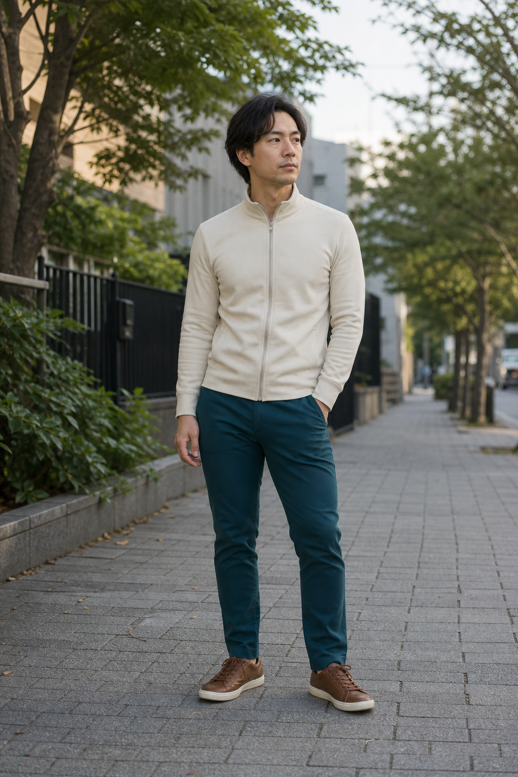 全身立位の写真。中心線に対して胸郭・骨盤・足元の向きが左右で違う