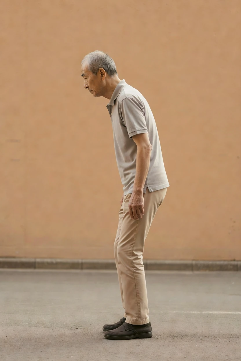 側面から撮影した架空の日本人成人の全身。70代男性の立位例。両膝と股関節が軽く曲がり、体幹と頭部がやや前へ傾いて見える。支持物は使っていない。
