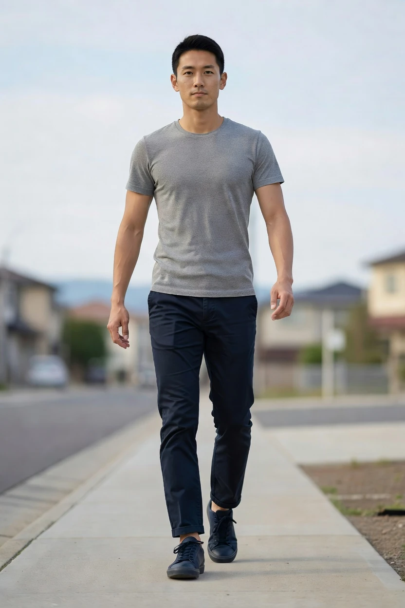 正面から撮影した架空の日本人成人の全身。30代男性の歩行例。腕の振りとともに、胸郭と骨盤の向きがわずかに異なって見える一瞬。両膝・両足部は分かれて写っている。