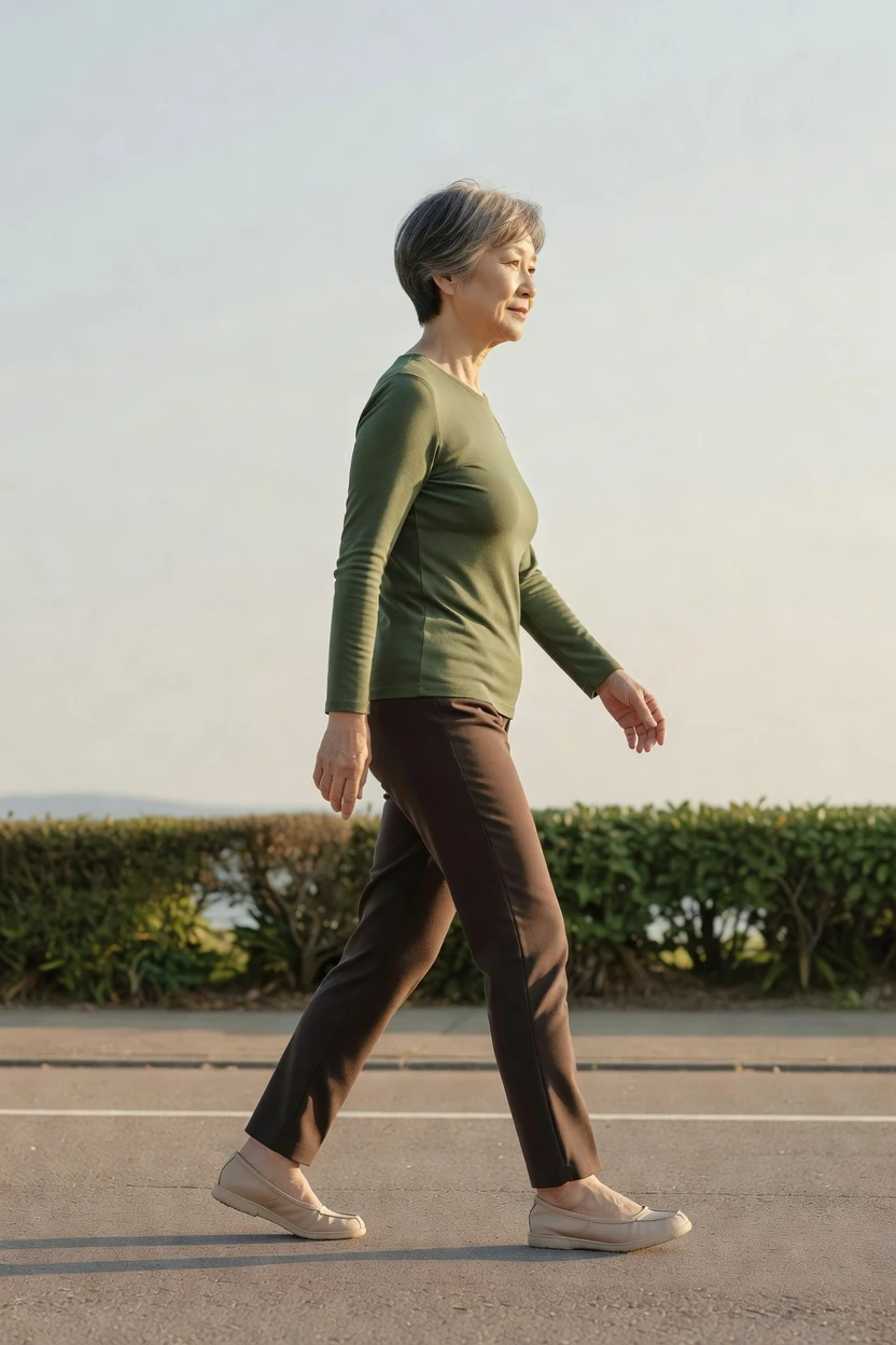 側面から撮影した架空の日本人成人の全身。60代女性の歩行例。腰部の曲線が小さく、支持脚の膝が軽く曲がって見える一場面。歩幅はやや小さい。